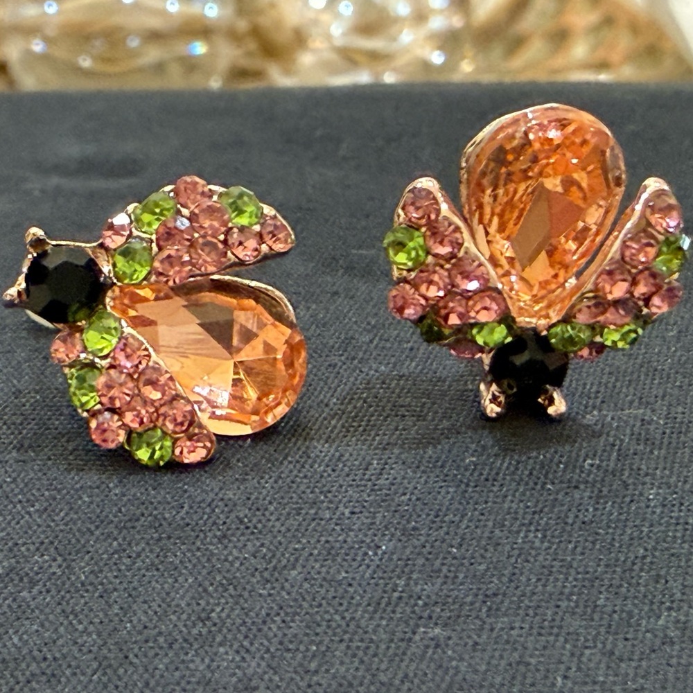 Peach Teardrop Crystal Stud Earrings with Pink & Green Accents